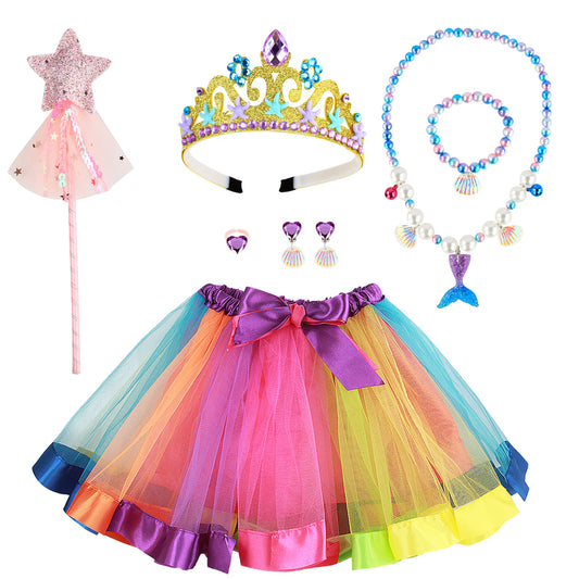 Girls Fairy Costume Fancy Dress Up Kids Mermaid Jewelry Sets Girl Mermaid Tutu Skirt Princess Dress Tulle Costume Set with Necklace Bracelet Earrings Ring Set for 3-8 Years Girls