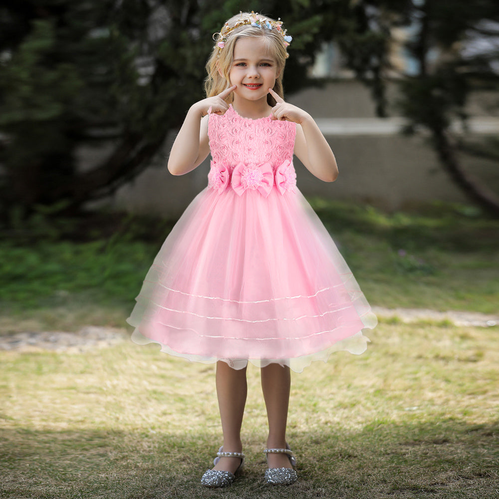 Girls Princess Dress Rose Flower Bow Tie Party Dress Tulle Wedding Dress Bridesmaid Christening Elegant Formal Dress for Girls