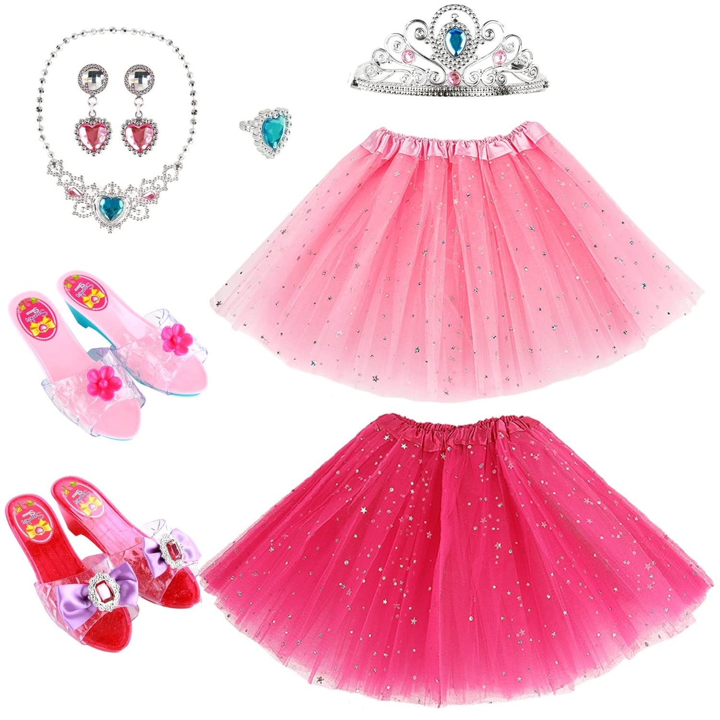 Girls Princess Dress Up Shoes - Princess Tutu Skirts Set Kids Princess Toys Pretend Jewelry Sets Party Decorations with Crown, Bracelets, Earrings, Rings, Dress and Shoes Pink