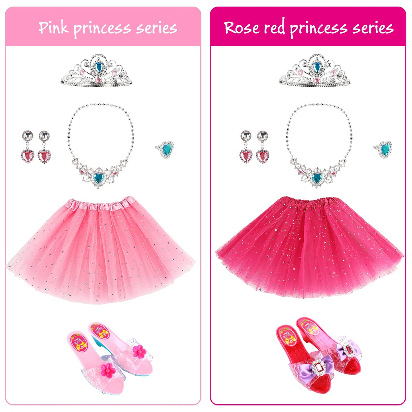 Girls Princess Dress Up Shoes - Princess Tutu Skirts Set Kids Princess Toys Pretend Jewelry Sets Party Decorations with Crown, Bracelets, Earrings, Rings, Dress and Shoes Pink