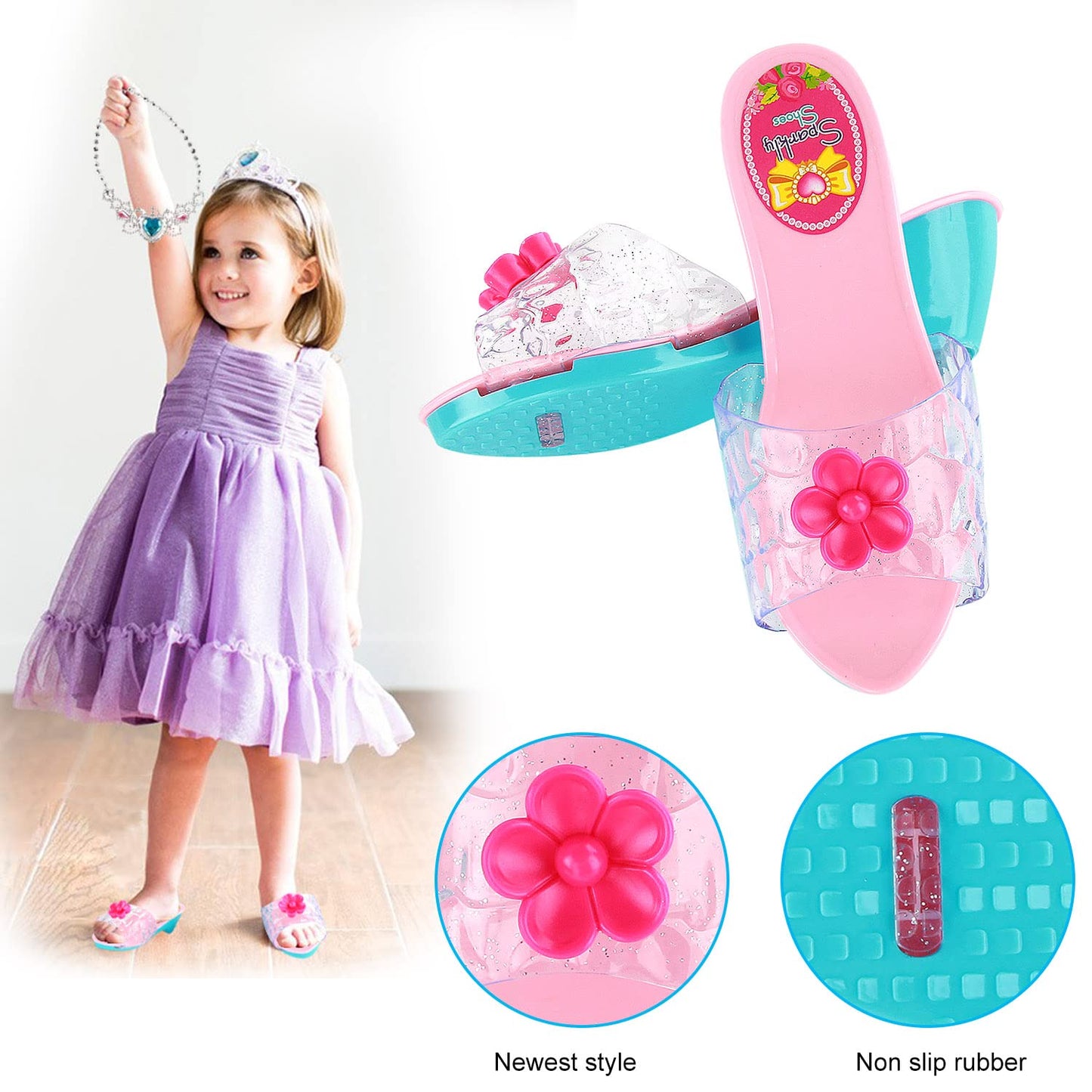 Girls Princess Dress Up Shoes - Princess Tutu Skirts Set Kids Princess Toys Pretend Jewelry Sets Party Decorations with Crown, Bracelets, Earrings, Rings, Dress and Shoes Pink