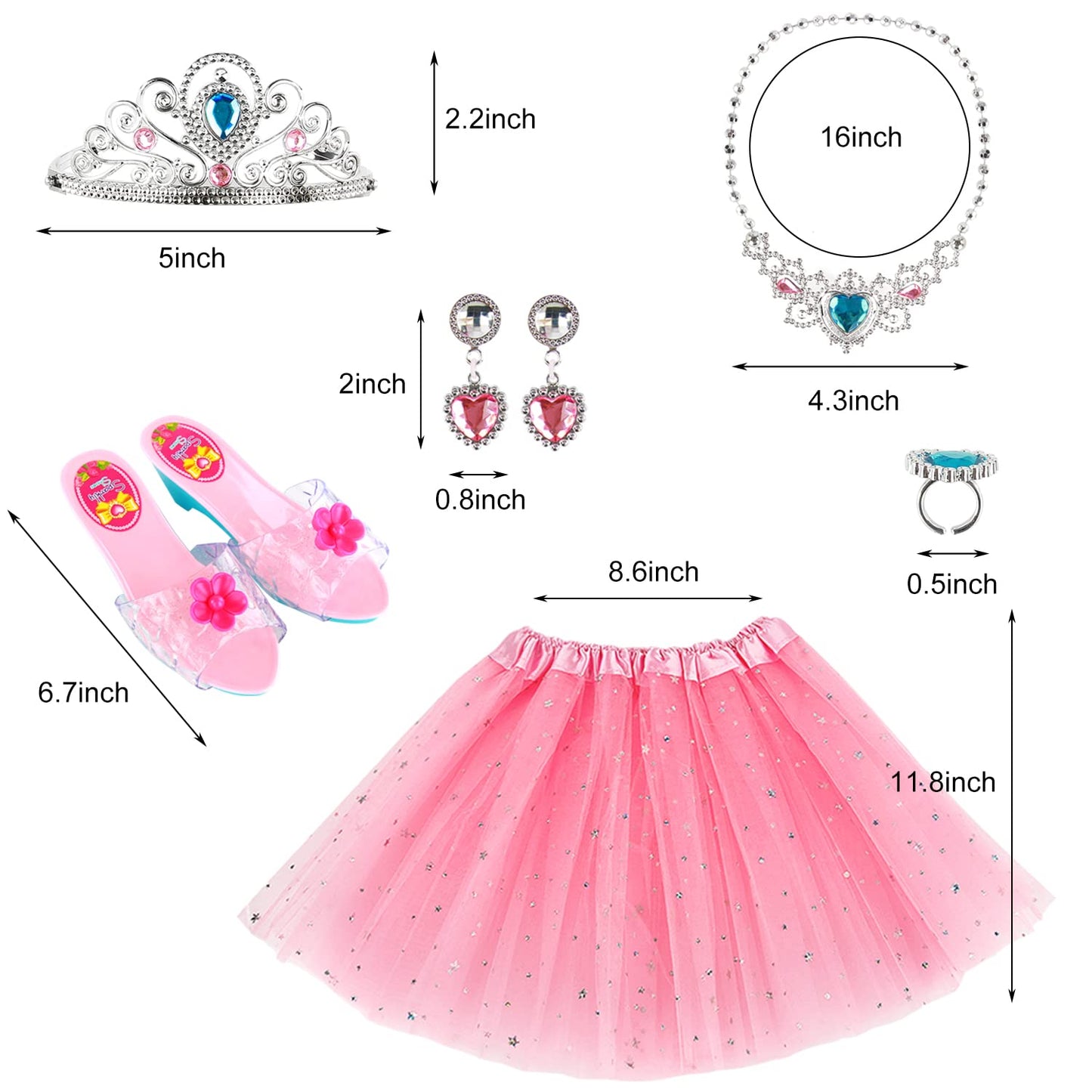 Girls Princess Dress Up Shoes - Princess Tutu Skirts Set Kids Princess Toys Pretend Jewelry Sets Party Decorations with Crown, Bracelets, Earrings, Rings, Dress and Shoes Pink