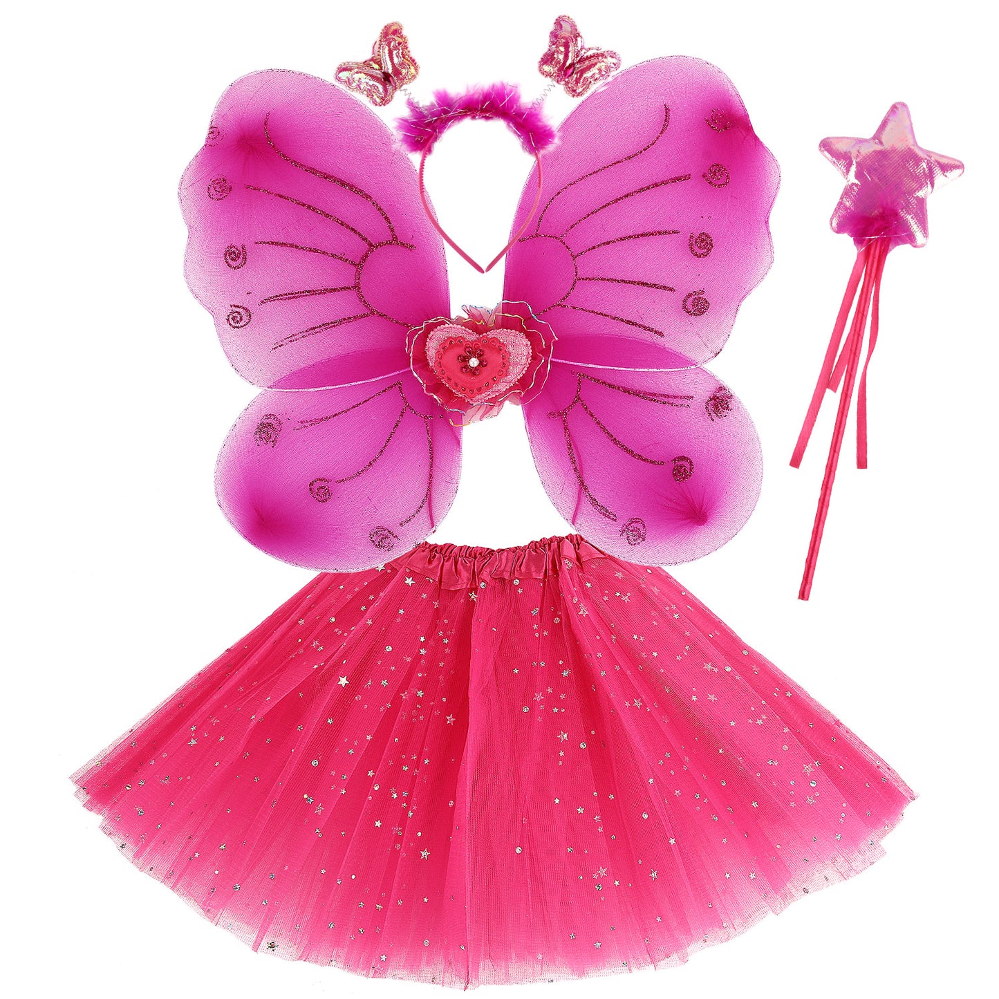 Girls Fairy Costume Set Princess Tutu Skirt Fairy Magic Butterfly Wings Dress Up Fantasy Costume Play with Butterfly Wings, Magic Wand and Headband Set for 3-8 Years Girls