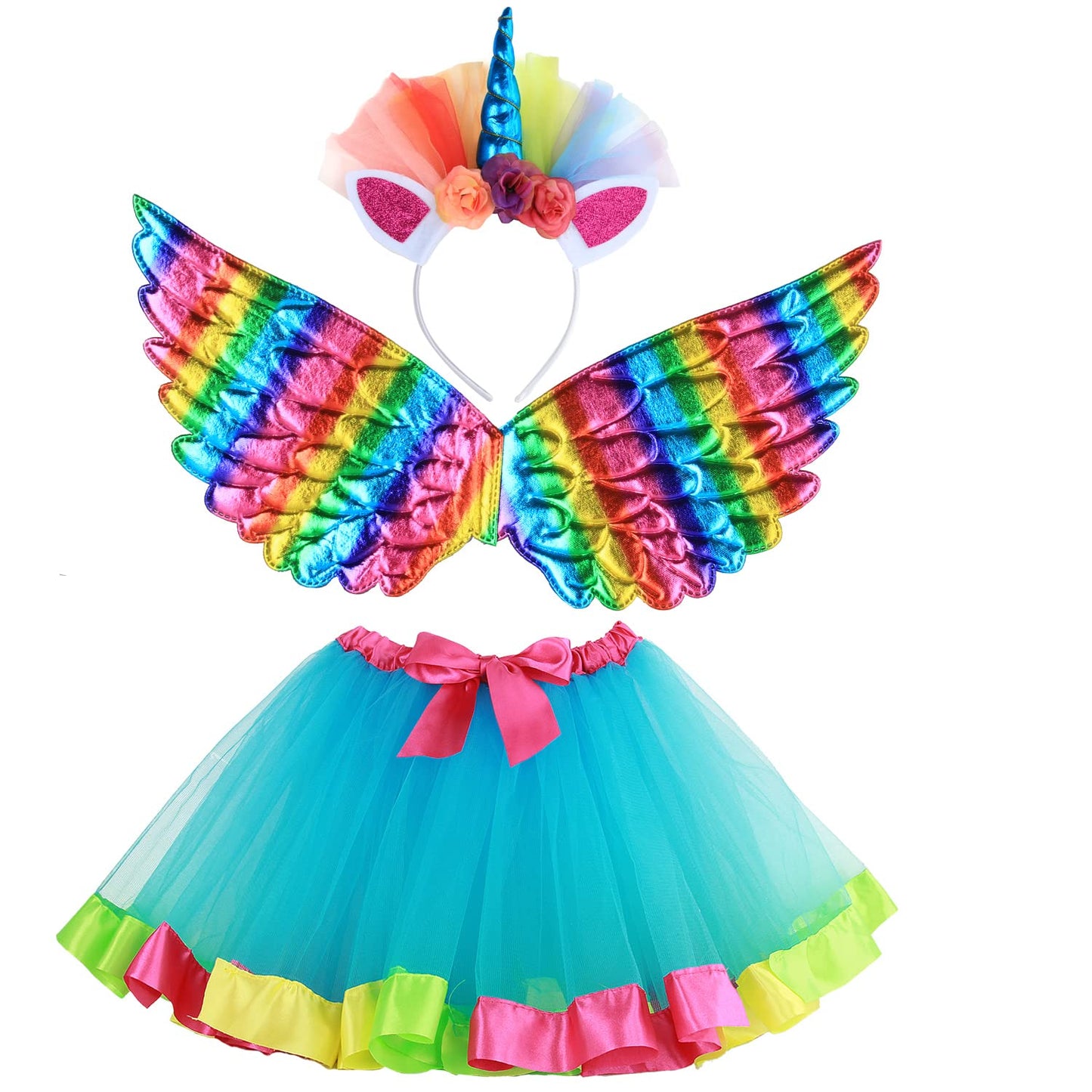 Girls Fairy Costume Fancy Dress Up Angel Costume Sets Kids Princess Dress Tulle Tutu Skirt Set with Angel Wings, Unicorn Headband Set for 3-8 Years Girls