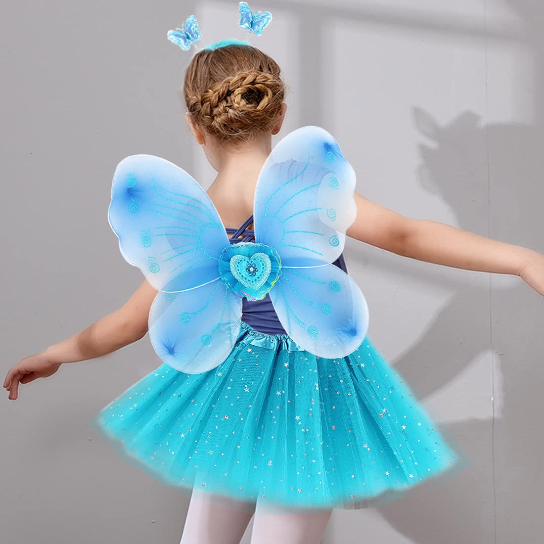 Girls Fairy Costume Set Princess Tutu Skirt Fairy Magic Butterfly Wings Dress Up Fantasy Costume Play with Butterfly Wings, Magic Wand and Headband Set for 3-8 Years Girls