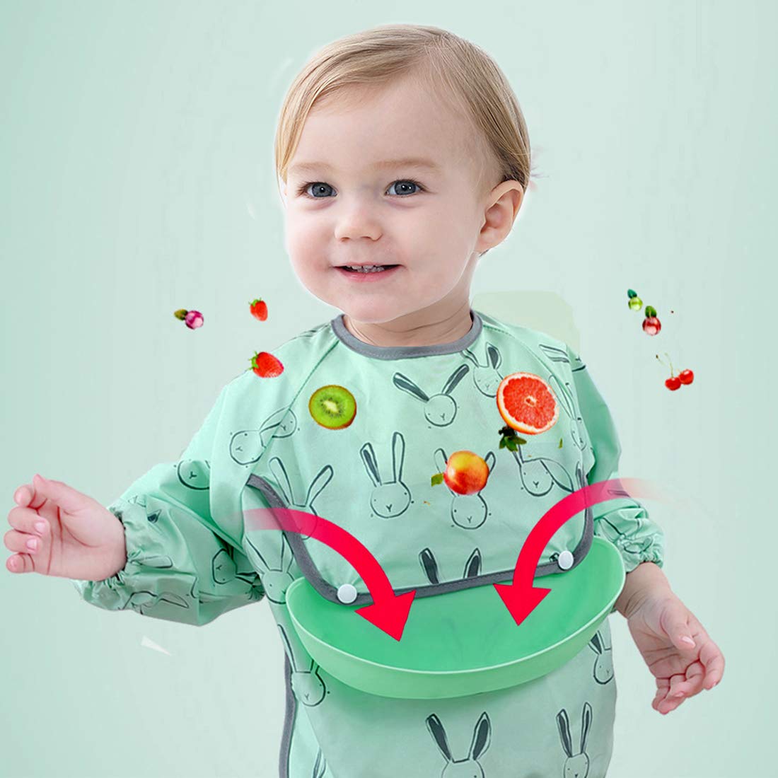 Long Sleeve Baby Bibs - Waterproof Feeding Bibs Painting Apron Bibs with Detachable Silicone Pocket, Unisex Baby Dribble Bibs for Infant Toddler 6 Months to 3 Years Old