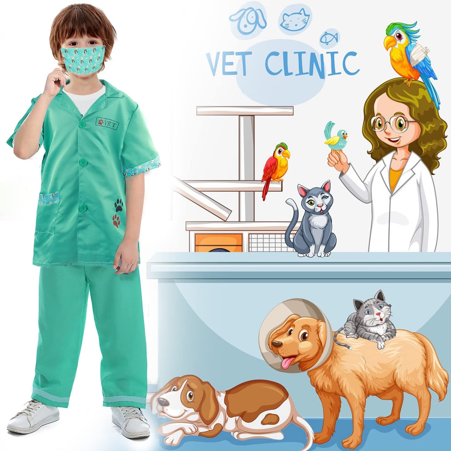 4pcs Kids Doctors Set Dress Up Role Play Vet Costume Children Vet Fancy Costume Outfit Doctors Dressing Up for Girls Boys 3 - 6 Years Old