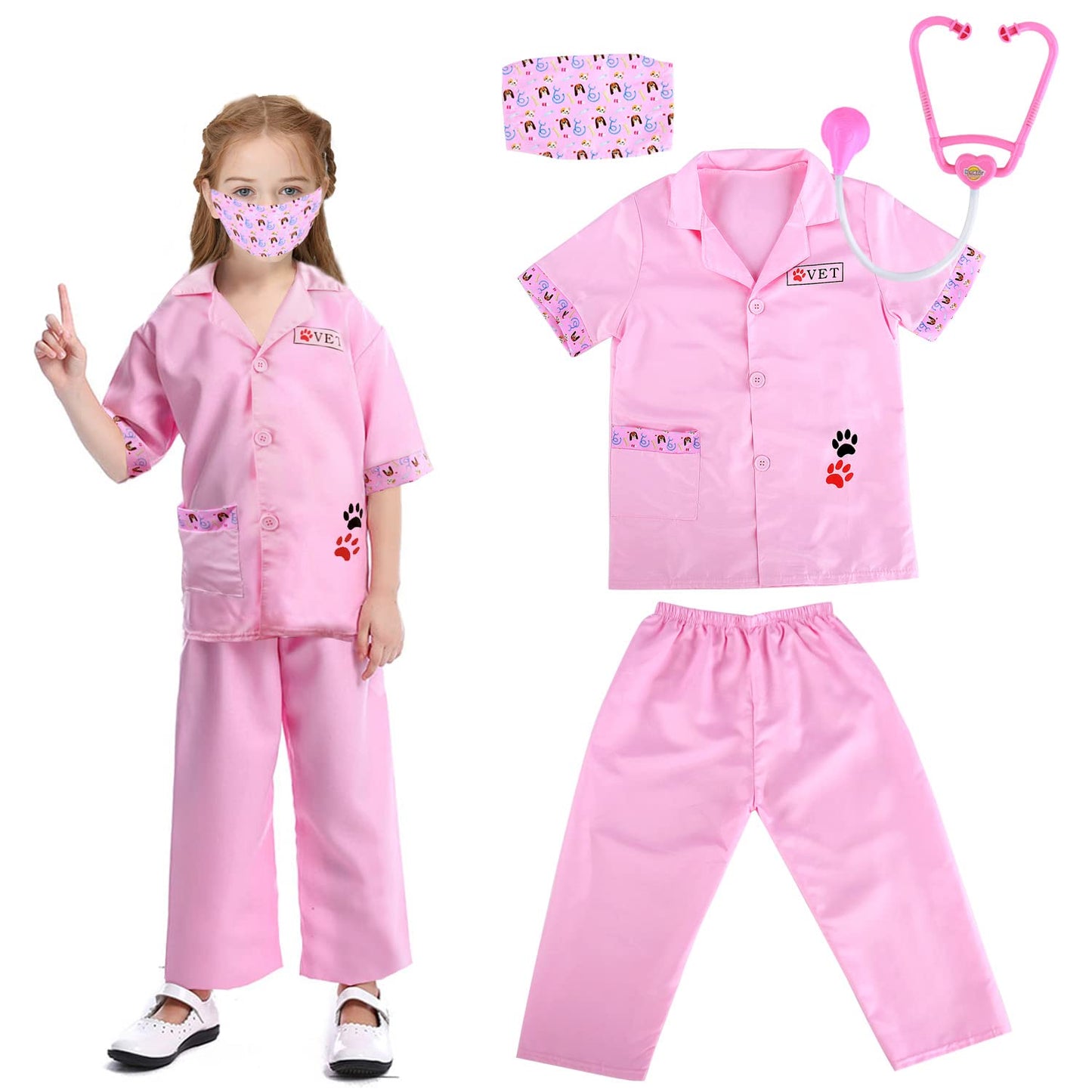 4pcs Kids Doctors Set Dress Up Role Play Vet Costume Children Vet Fancy Costume Outfit Doctors Dressing Up for Girls Boys 3 - 6 Years Old