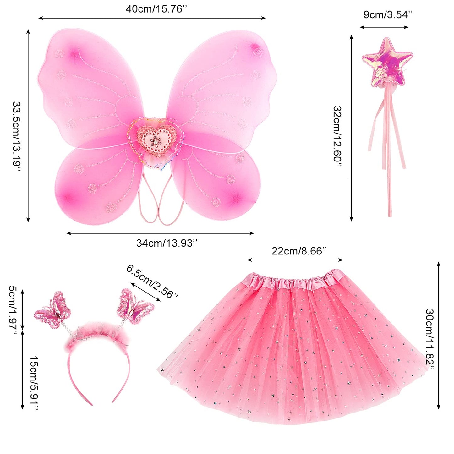 Girls Fairy Costume Set Princess Tutu Skirt Fairy Magic Butterfly Wings Dress Up Fantasy Costume Play with Butterfly Wings, Magic Wand and Headband Set for 3-8 Years Girls