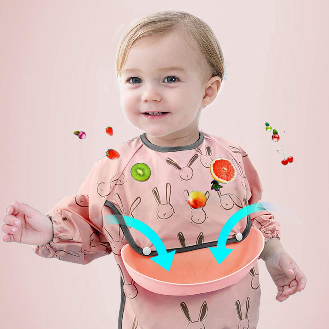 Long Sleeve Baby Bibs - Waterproof Feeding Bibs Painting Apron Bibs with Detachable Silicone Pocket, Unisex Baby Dribble Bibs for Infant Toddler 6 Months to 3 Years Old