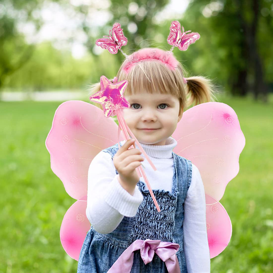 Girls Fairy Costume Set Princess Tutu Skirt Fairy Magic Butterfly Wings Dress Up Fantasy Costume Play with Butterfly Wings, Magic Wand and Headband Set for 3-8 Years Girls