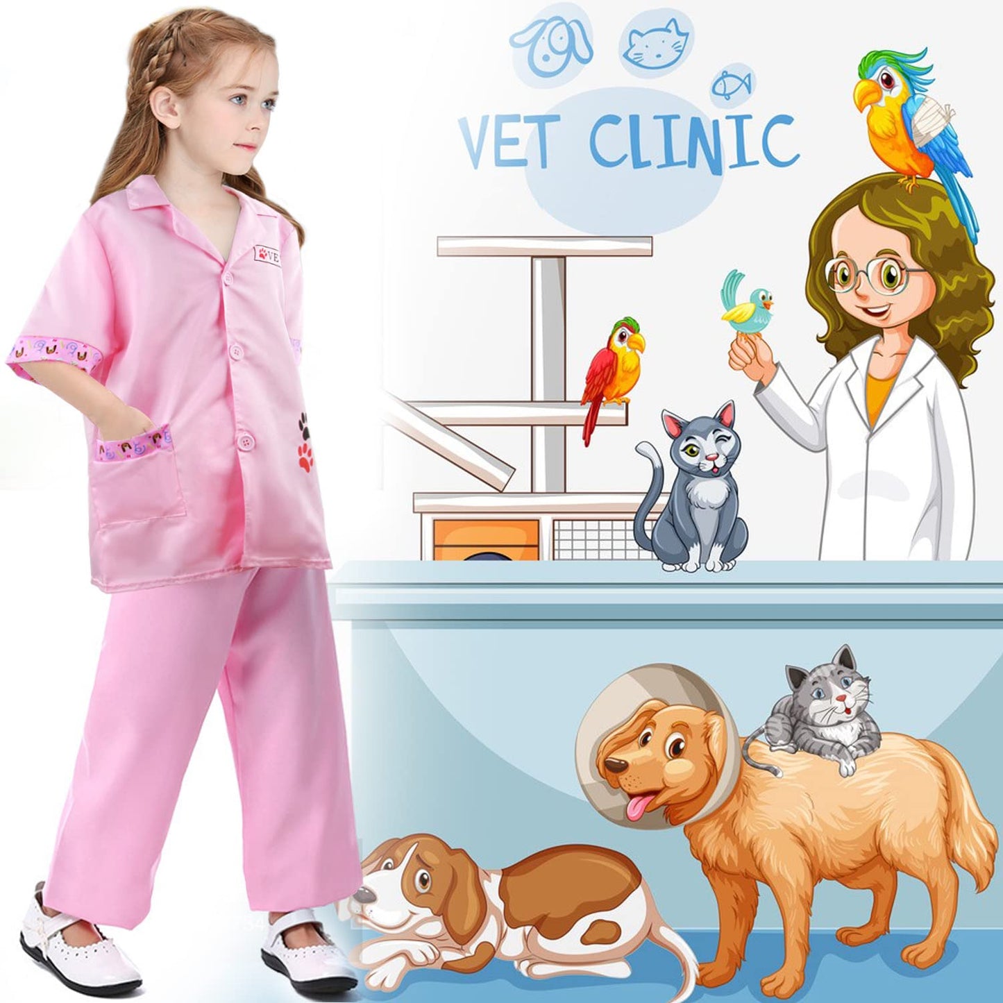 4pcs Kids Doctors Set Dress Up Role Play Vet Costume Children Vet Fancy Costume Outfit Doctors Dressing Up for Girls Boys 3 - 6 Years Old