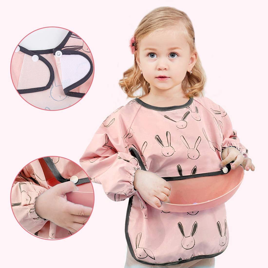 Long Sleeve Baby Bibs - Waterproof Feeding Bibs Painting Apron Bibs with Detachable Silicone Pocket, Unisex Baby Dribble Bibs for Infant Toddler 6 Months to 3 Years Old