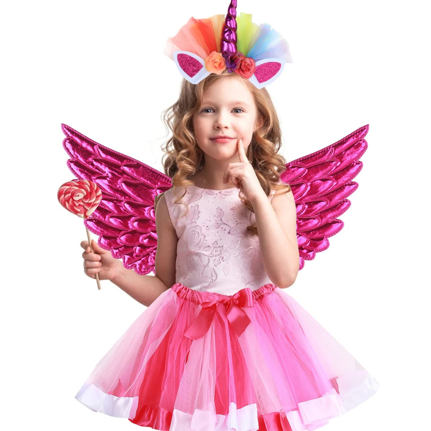 Girls Fairy Costume Fancy Dress Up Angel Costume Sets Kids Princess Dress Tulle Tutu Skirt Set with Angel Wings, Unicorn Headband Set for 3-8 Years Girls