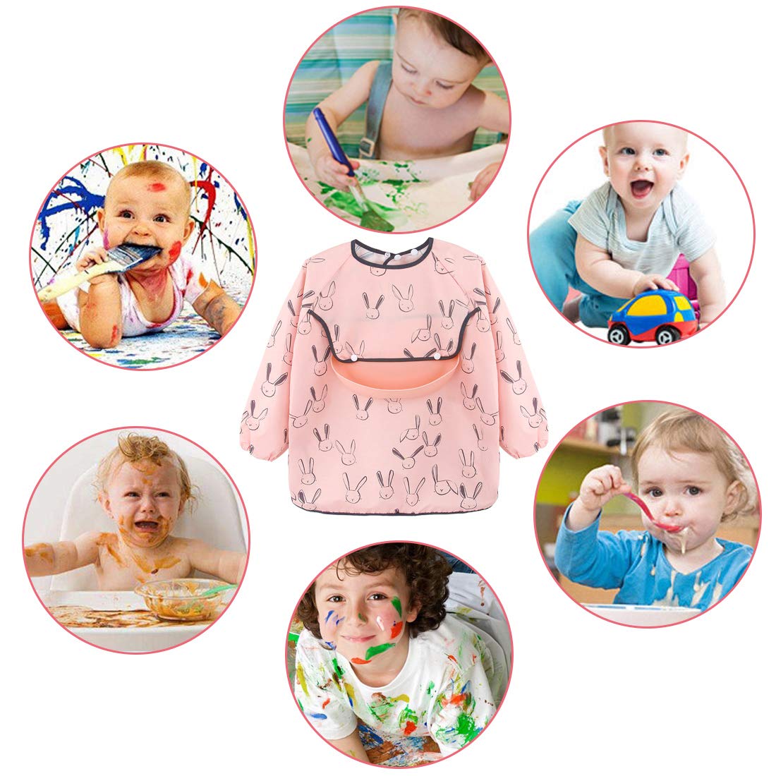 Long Sleeve Baby Bibs - Waterproof Feeding Bibs Painting Apron Bibs with Detachable Silicone Pocket, Unisex Baby Dribble Bibs for Infant Toddler 6 Months to 3 Years Old