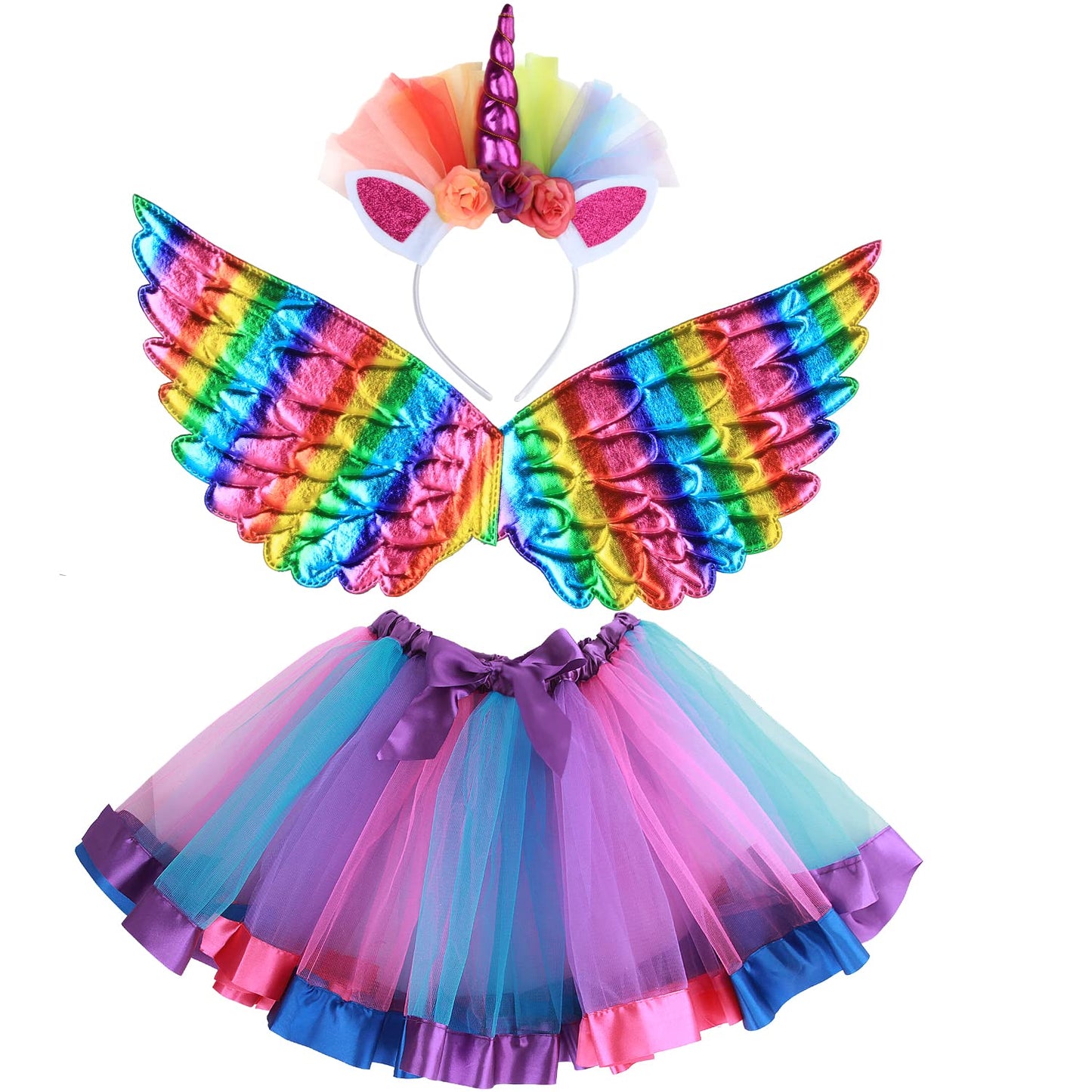 Girls Fairy Costume Fancy Dress Up Angel Costume Sets Kids Princess Dress Tulle Tutu Skirt Set with Angel Wings, Unicorn Headband Set for 3-8 Years Girls