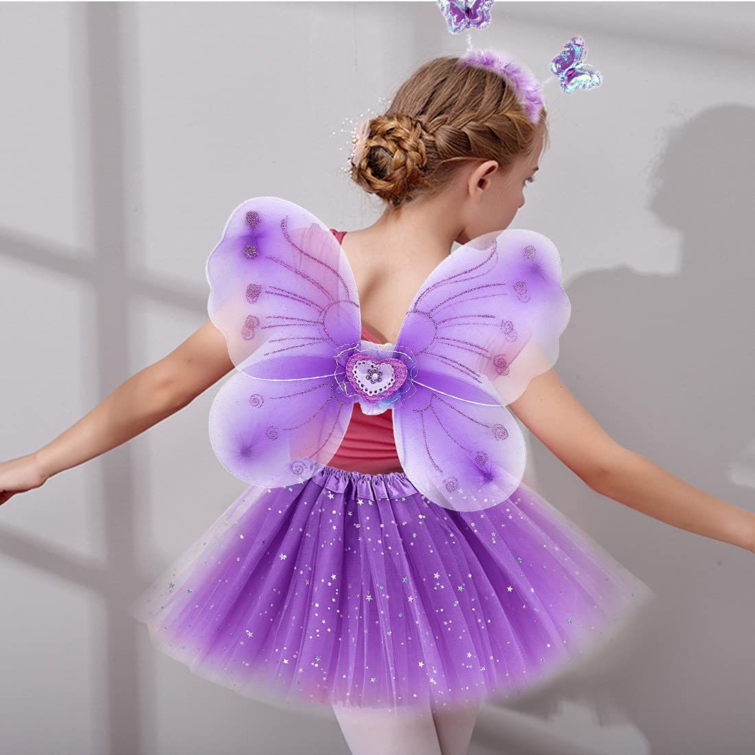 Girls Fairy Costume Set Princess Tutu Skirt Fairy Magic Butterfly Wings Dress Up Fantasy Costume Play with Butterfly Wings, Magic Wand and Headband Set for 3-8 Years Girls