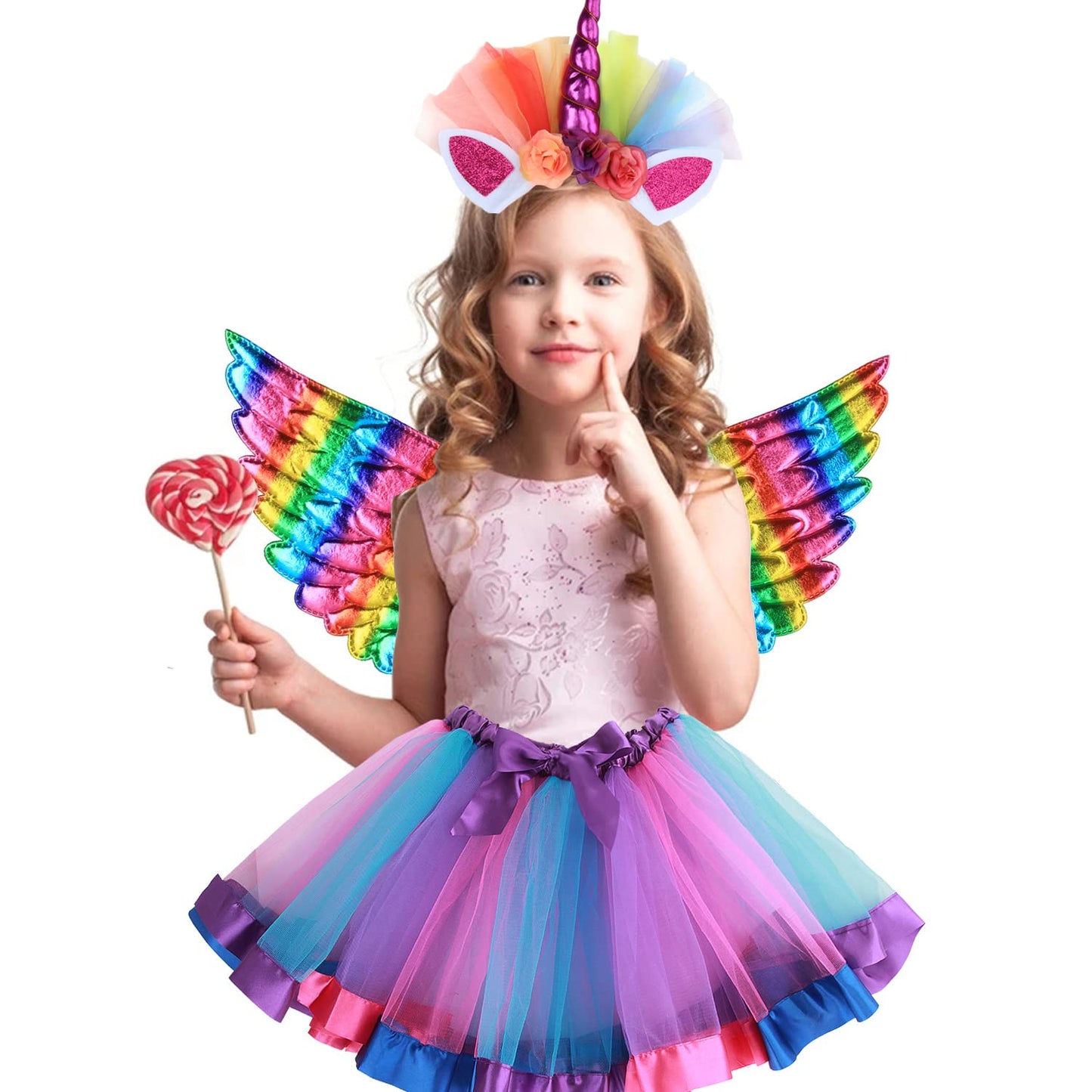 Girls Fairy Costume Fancy Dress Up Angel Costume Sets Kids Princess Dress Tulle Tutu Skirt Set with Angel Wings, Unicorn Headband Set for 3-8 Years Girls