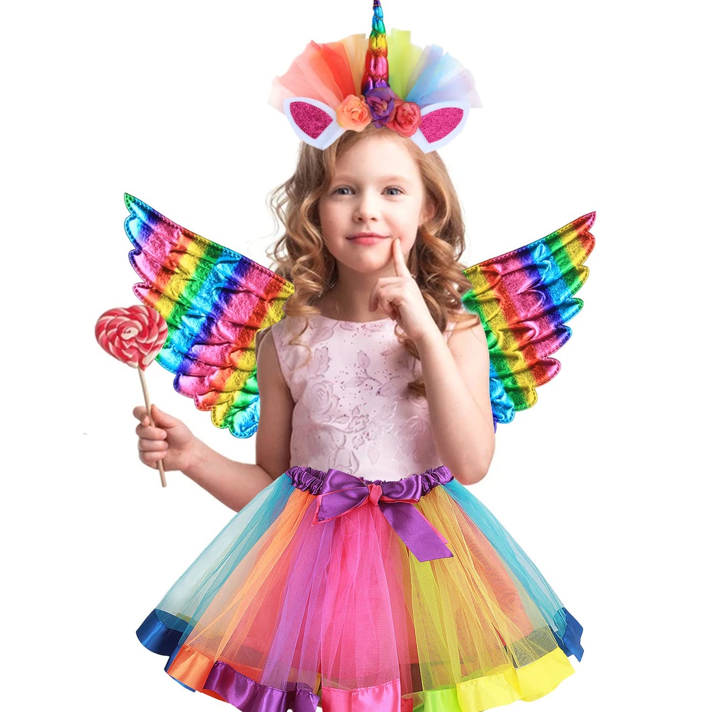 Girls Fairy Costume Fancy Dress Up Angel Costume Sets Kids Princess Dress Tulle Tutu Skirt Set with Angel Wings, Unicorn Headband Set for 3-8 Years Girls