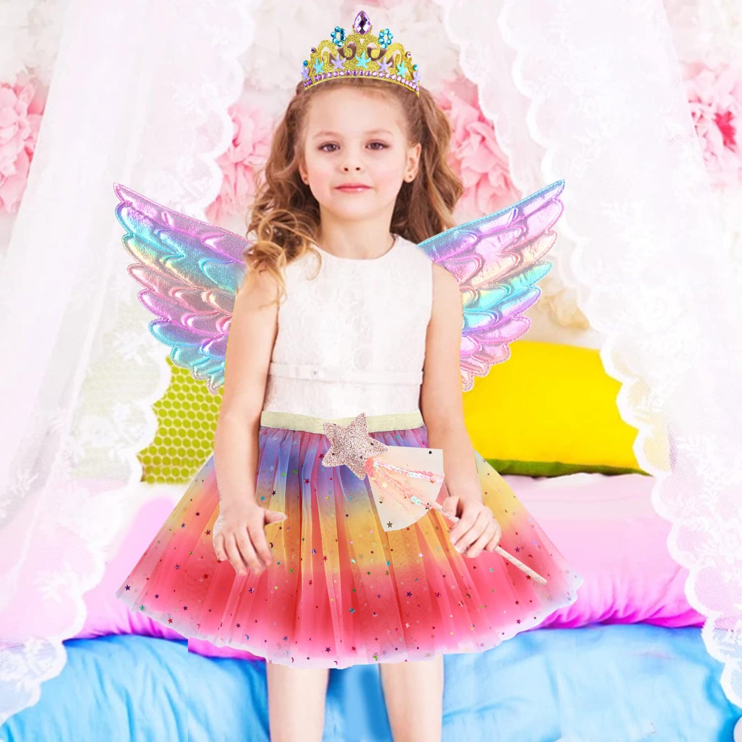 Girls Fairy Costume Fancy Dress Up Butterfly Costume Sets Princess Dress Tulle Costume Set with Butterfly Wings, Magic Wand and Headband Set for 3-8 Years Girls