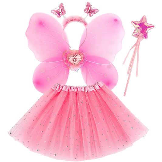 Girls Fairy Costume Set Princess Tutu Skirt Fairy Magic Butterfly Wings Dress Up Fantasy Costume Play with Butterfly Wings, Magic Wand and Headband Set for 3-8 Years Girls