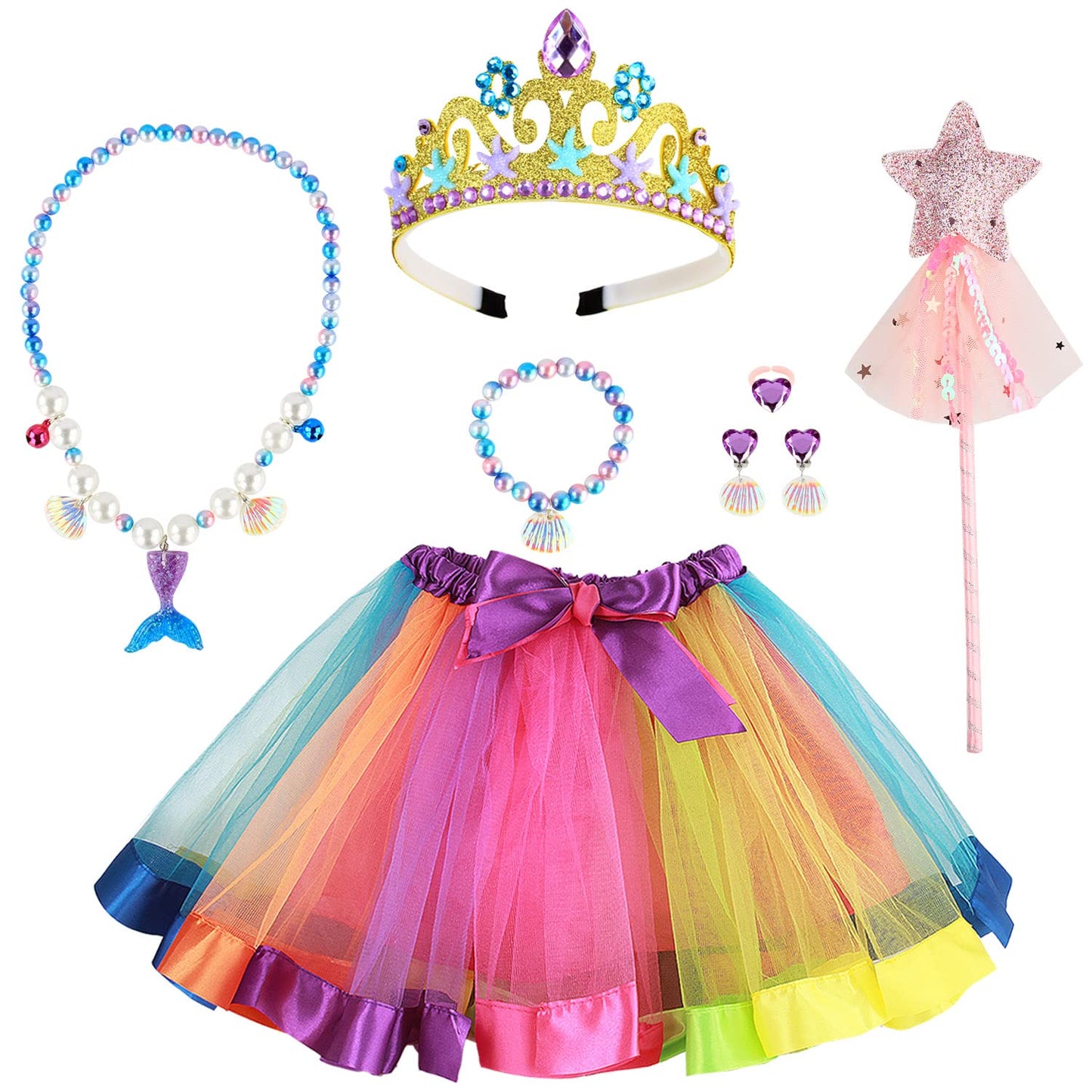 Girls Fairy Costume Fancy Dress Up Kids Mermaid Jewelry Sets Girl Mermaid Tutu Skirt Princess Dress Tulle Costume Set with Necklace Bracelet Earrings Ring Set for 3-8 Years Girls