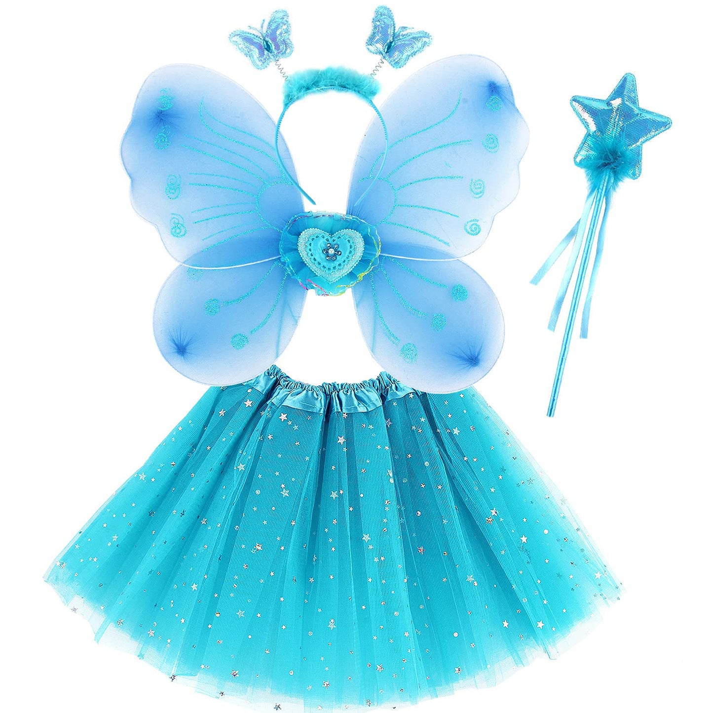 Girls Fairy Costume Set Princess Tutu Skirt Fairy Magic Butterfly Wings Dress Up Fantasy Costume Play with Butterfly Wings, Magic Wand and Headband Set for 3-8 Years Girls