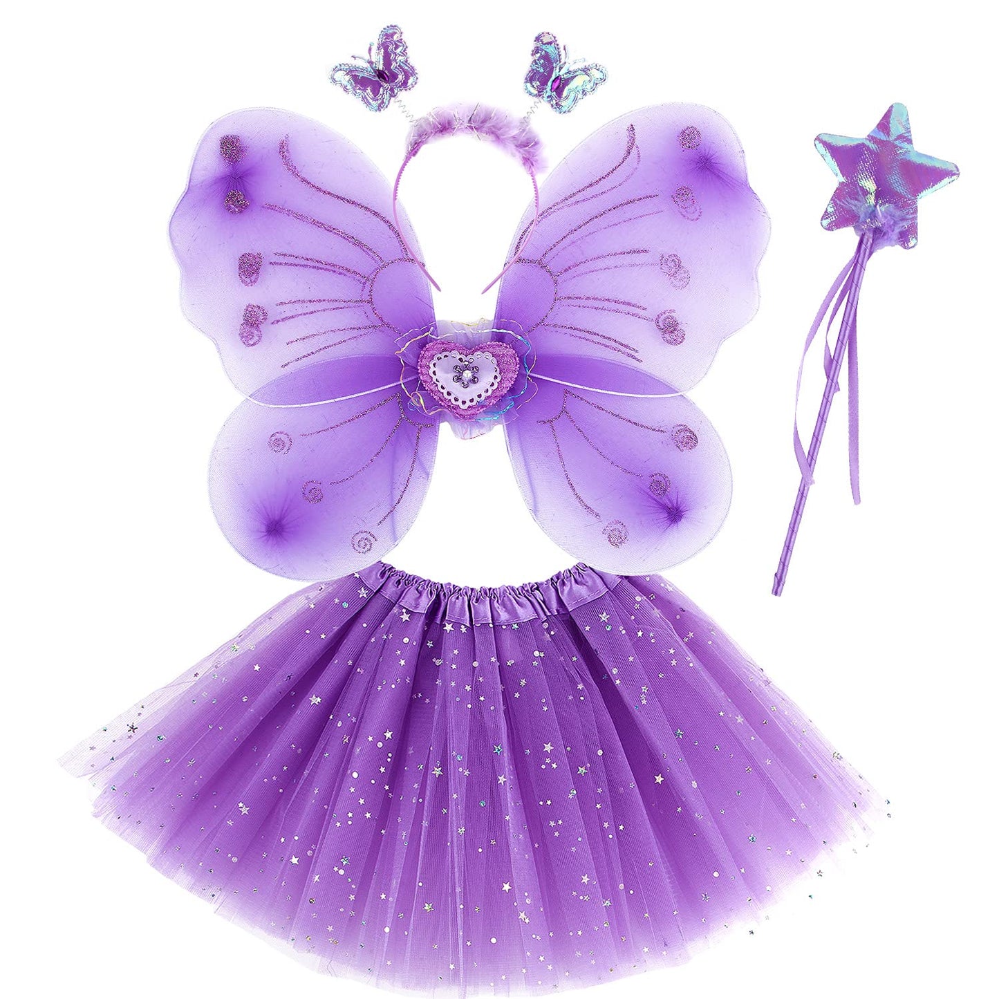 Girls Fairy Costume Set Princess Tutu Skirt Fairy Magic Butterfly Wings Dress Up Fantasy Costume Play with Butterfly Wings, Magic Wand and Headband Set for 3-8 Years Girls