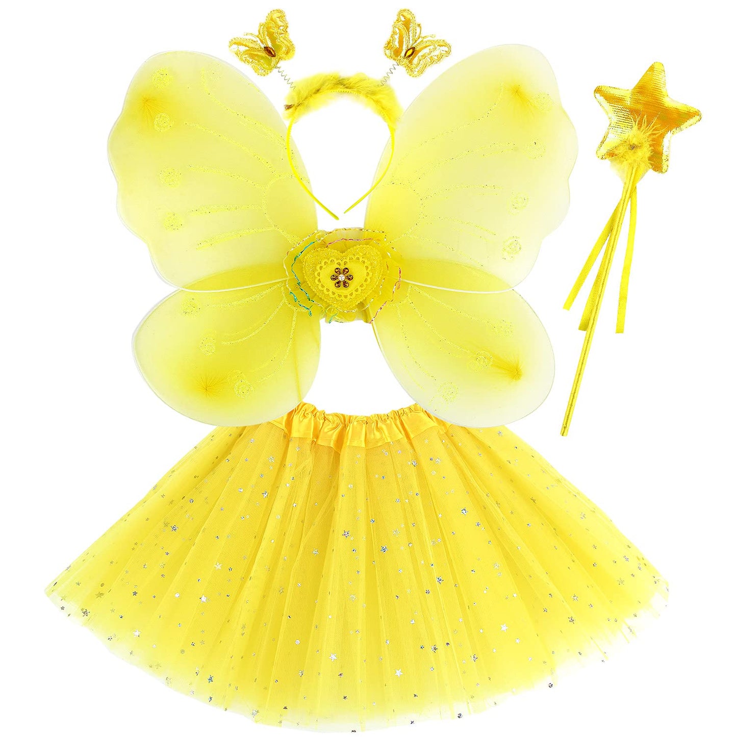 Girls Fairy Costume Set Princess Tutu Skirt Fairy Magic Butterfly Wings Dress Up Fantasy Costume Play with Butterfly Wings, Magic Wand and Headband Set for 3-8 Years Girls