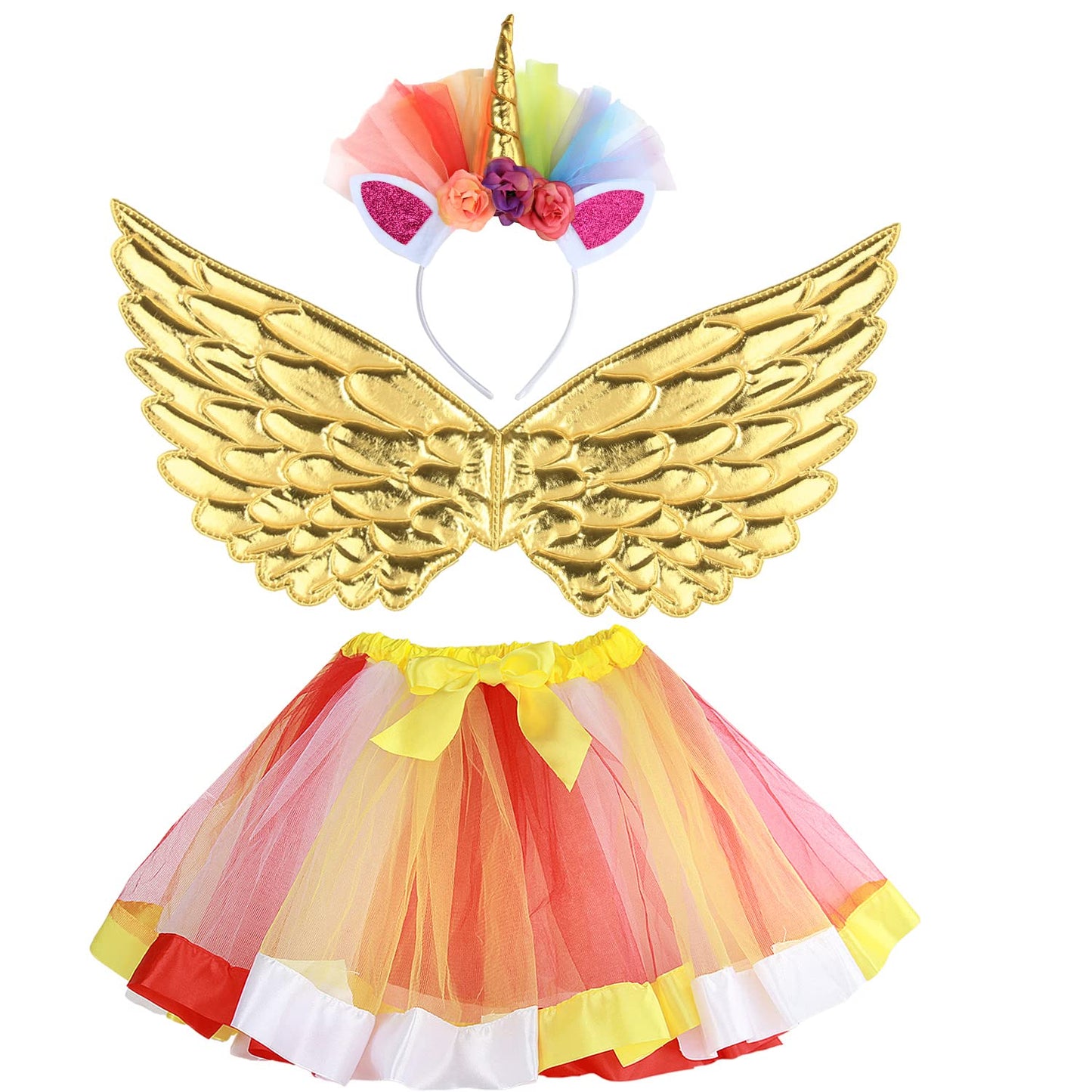 Girls Fairy Costume Fancy Dress Up Angel Costume Sets Kids Princess Dress Tulle Tutu Skirt Set with Angel Wings, Unicorn Headband Set for 3-8 Years Girls