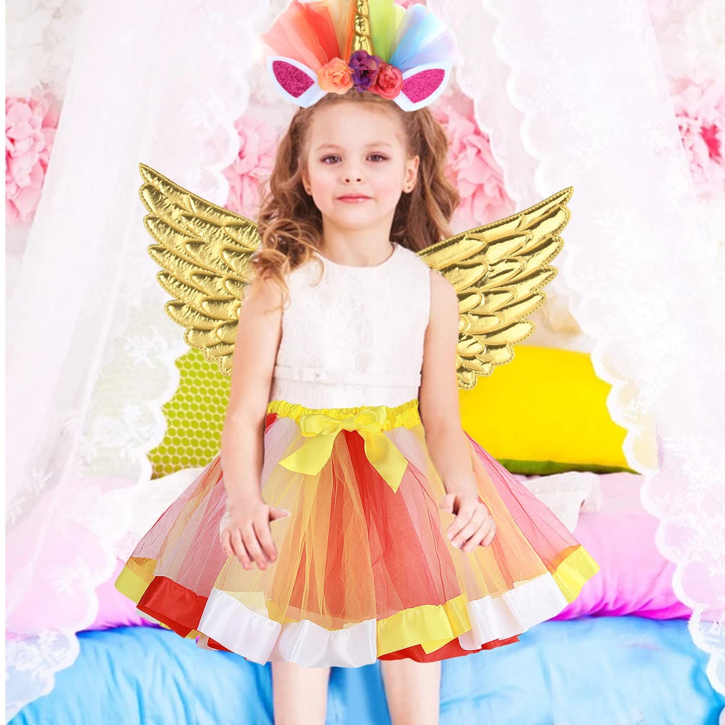 Girls Fairy Costume Fancy Dress Up Angel Costume Sets Kids Princess Dress Tulle Tutu Skirt Set with Angel Wings, Unicorn Headband Set for 3-8 Years Girls